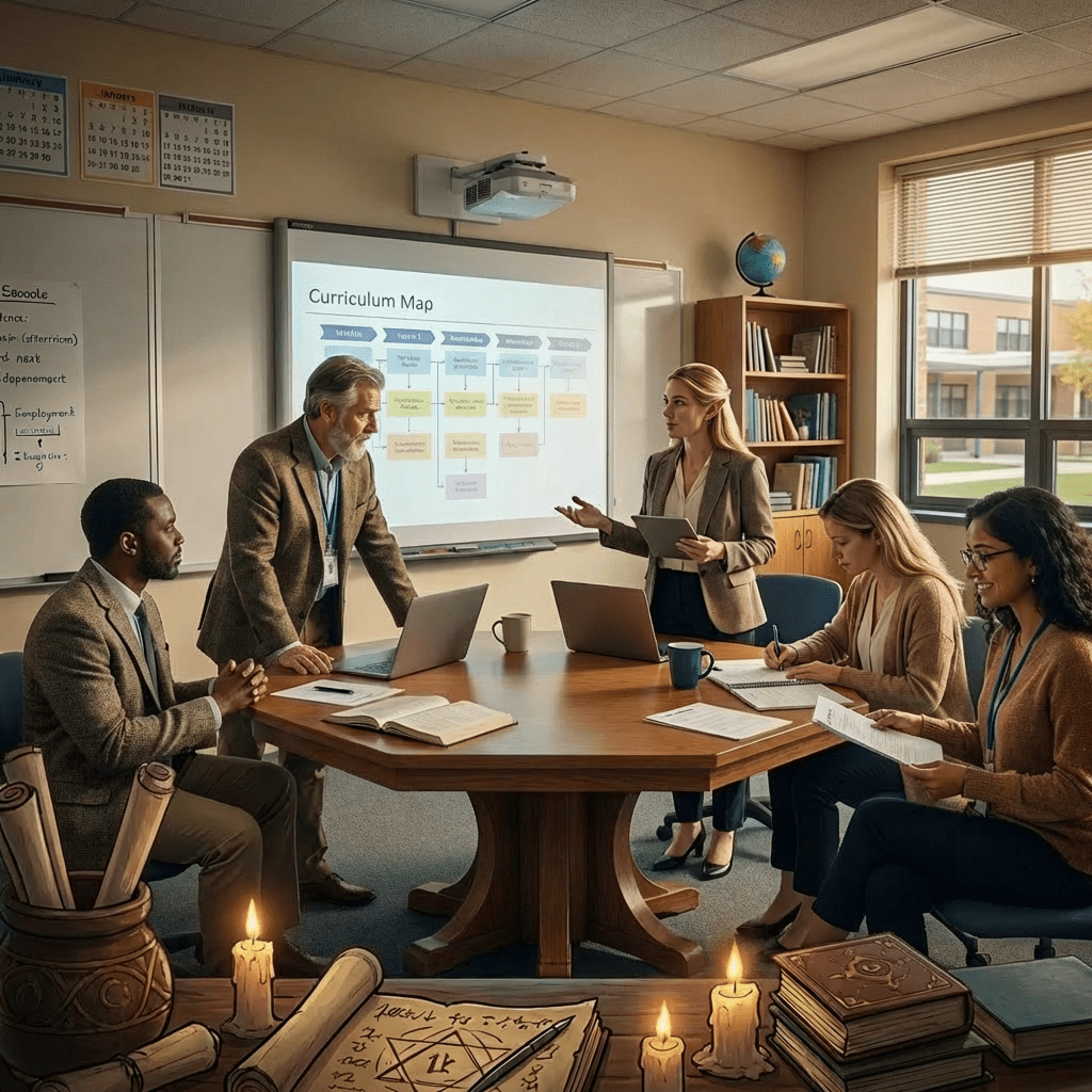 Banner reading FACULTY CONCLAVE over three magic users around a glowing table and holographic map.