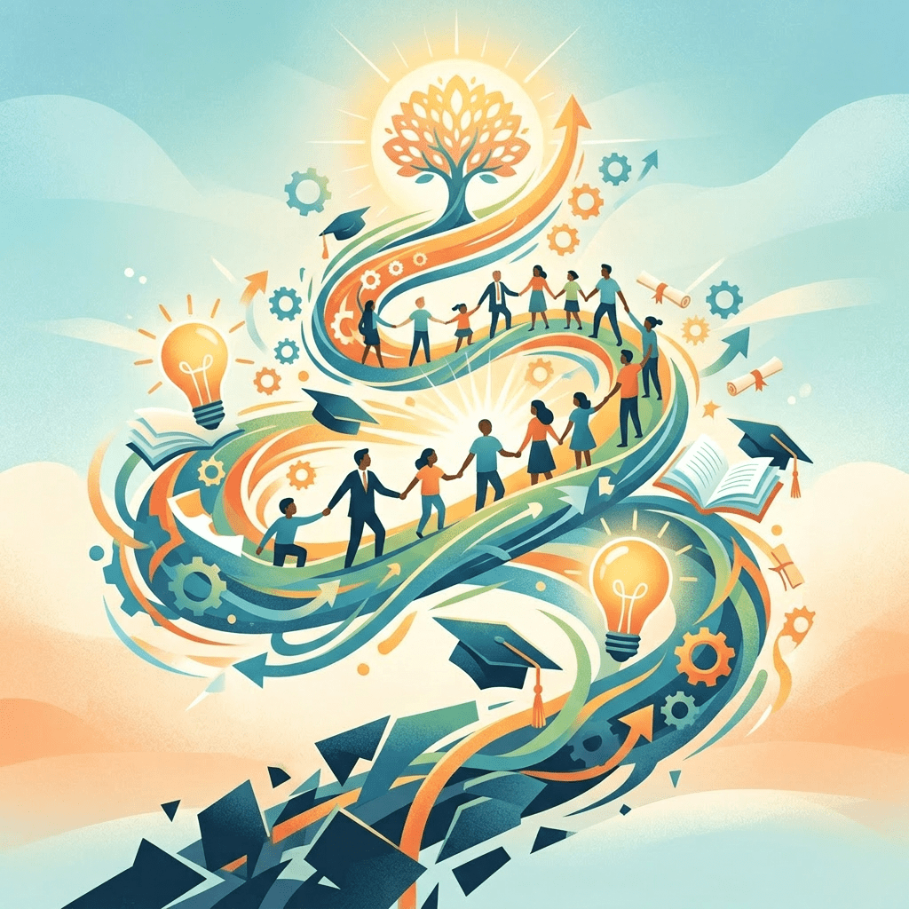 Illustration of diverse people holding hands on a swirling path leading to a glowing tree, surrounded by icons of light bulbs, graduation caps, and gears